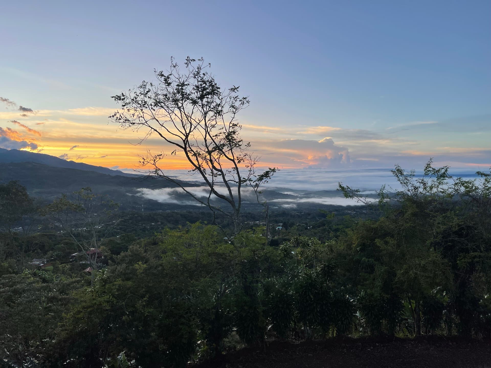 Sunrise over misty valley and mountains